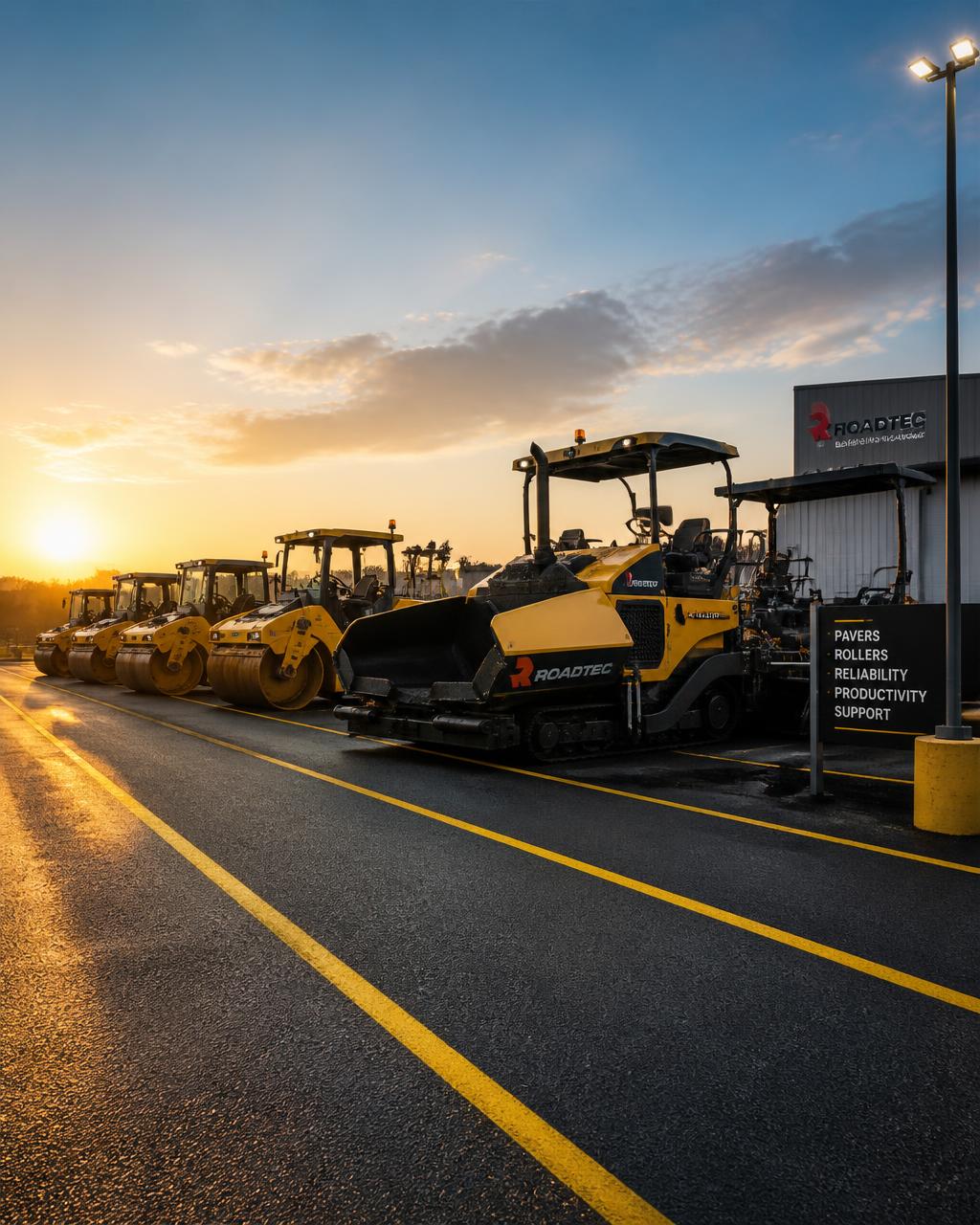 Heavy paving equipment lined up at dawn on fresh asphalt
